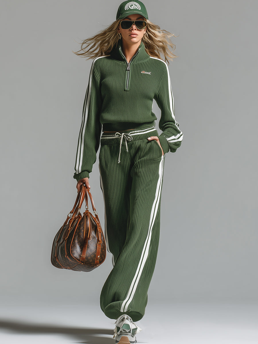Bany™ | Retro Casual Zielony Sportowy Sweter z Pół-zamkiem i Spodnie