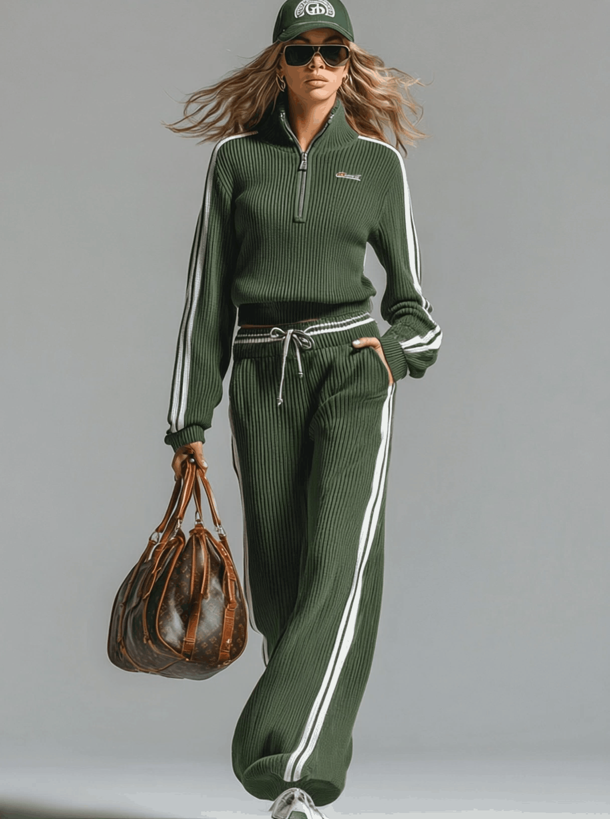 Bany™ | Retro Casual Zielony Sportowy Sweter z Pół-zamkiem i Spodnie