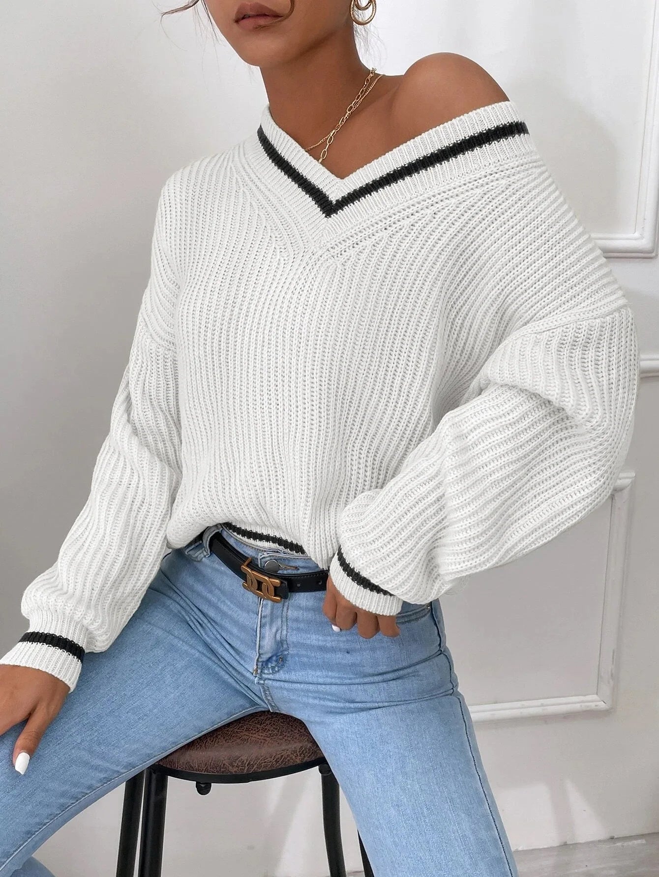 Marina | Sweter w paski z dzianiny waflowej
