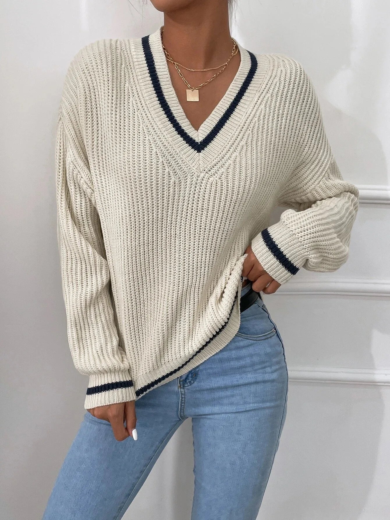 Marina | Sweter w paski z dzianiny waflowej