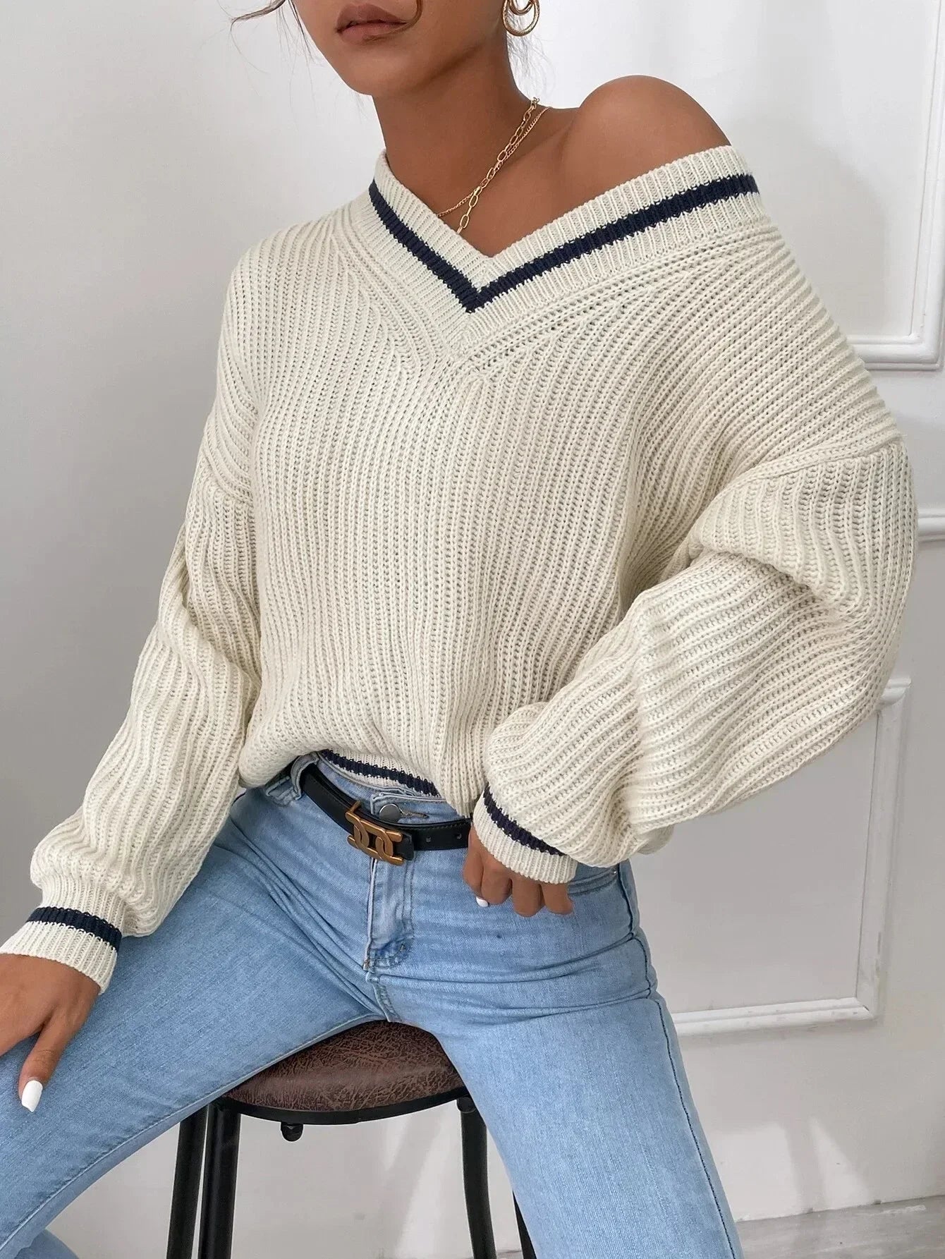 Marina | Sweter w paski z dzianiny waflowej
