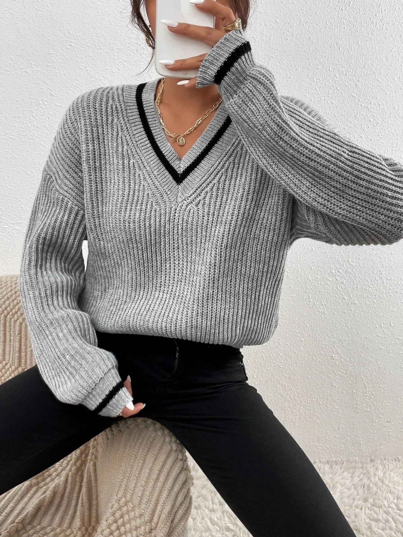 Marina | Sweter w paski z dzianiny waflowej