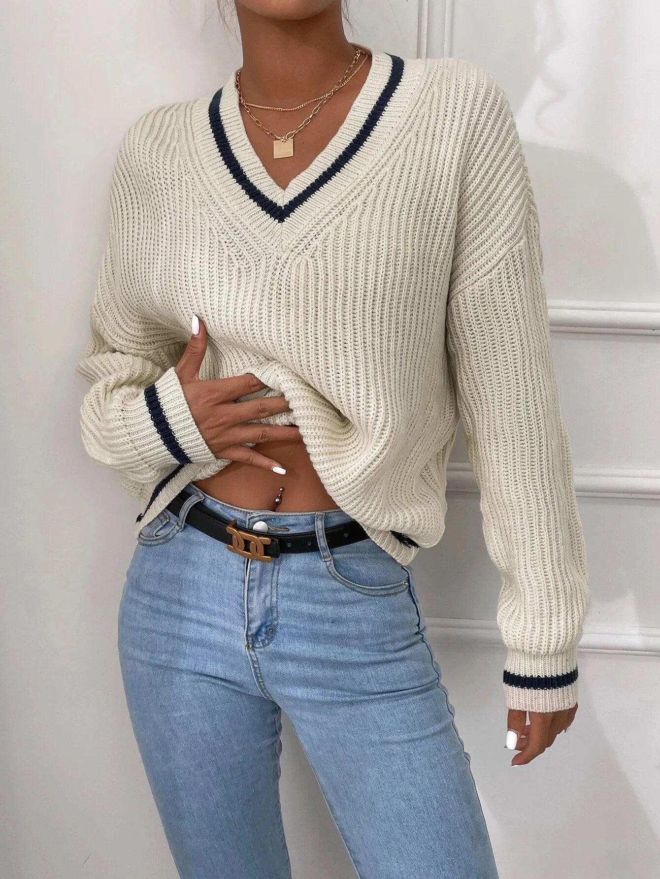 Marina | Sweter w paski z dzianiny waflowej