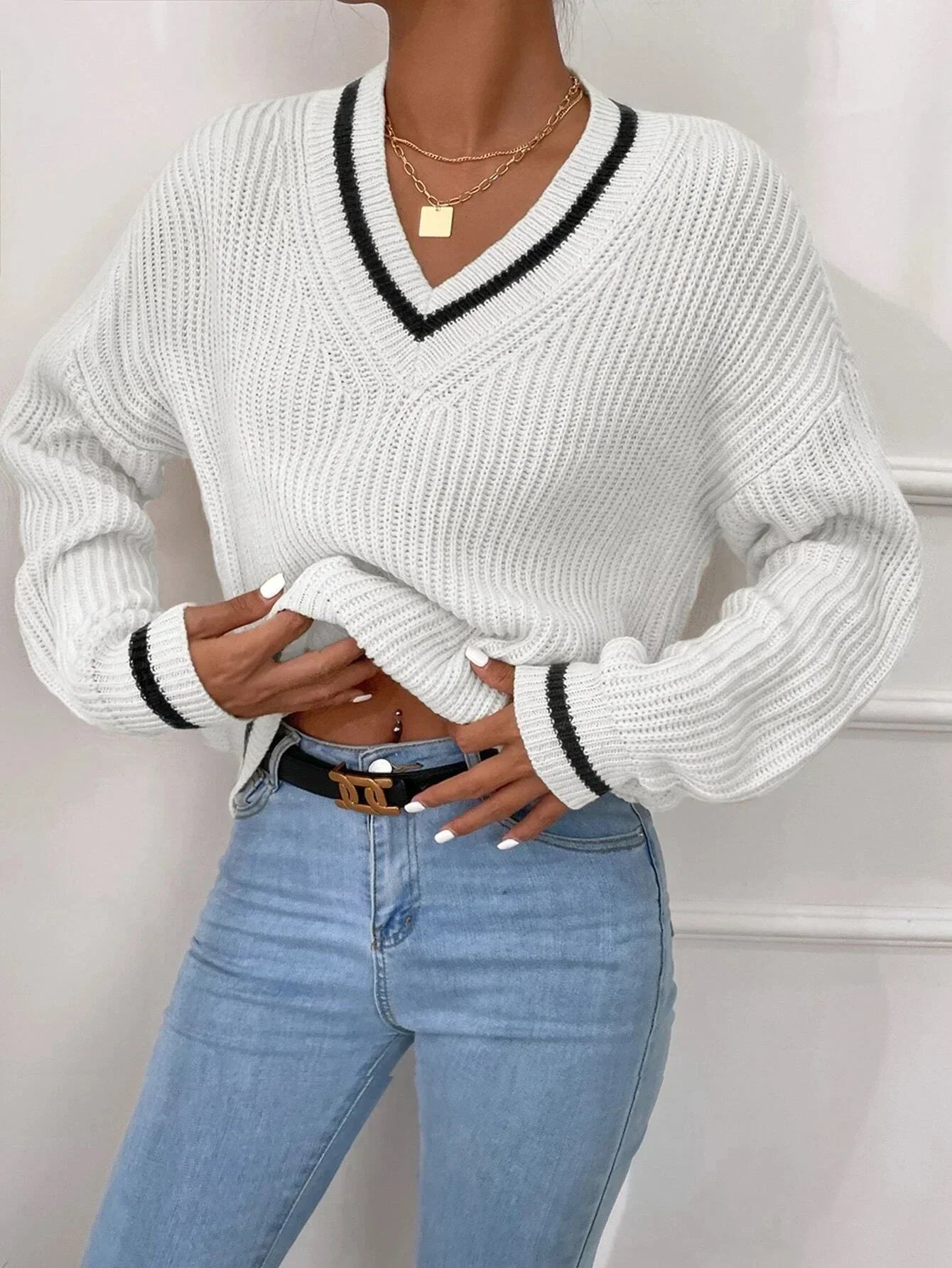 Marina | Sweter w paski z dzianiny waflowej