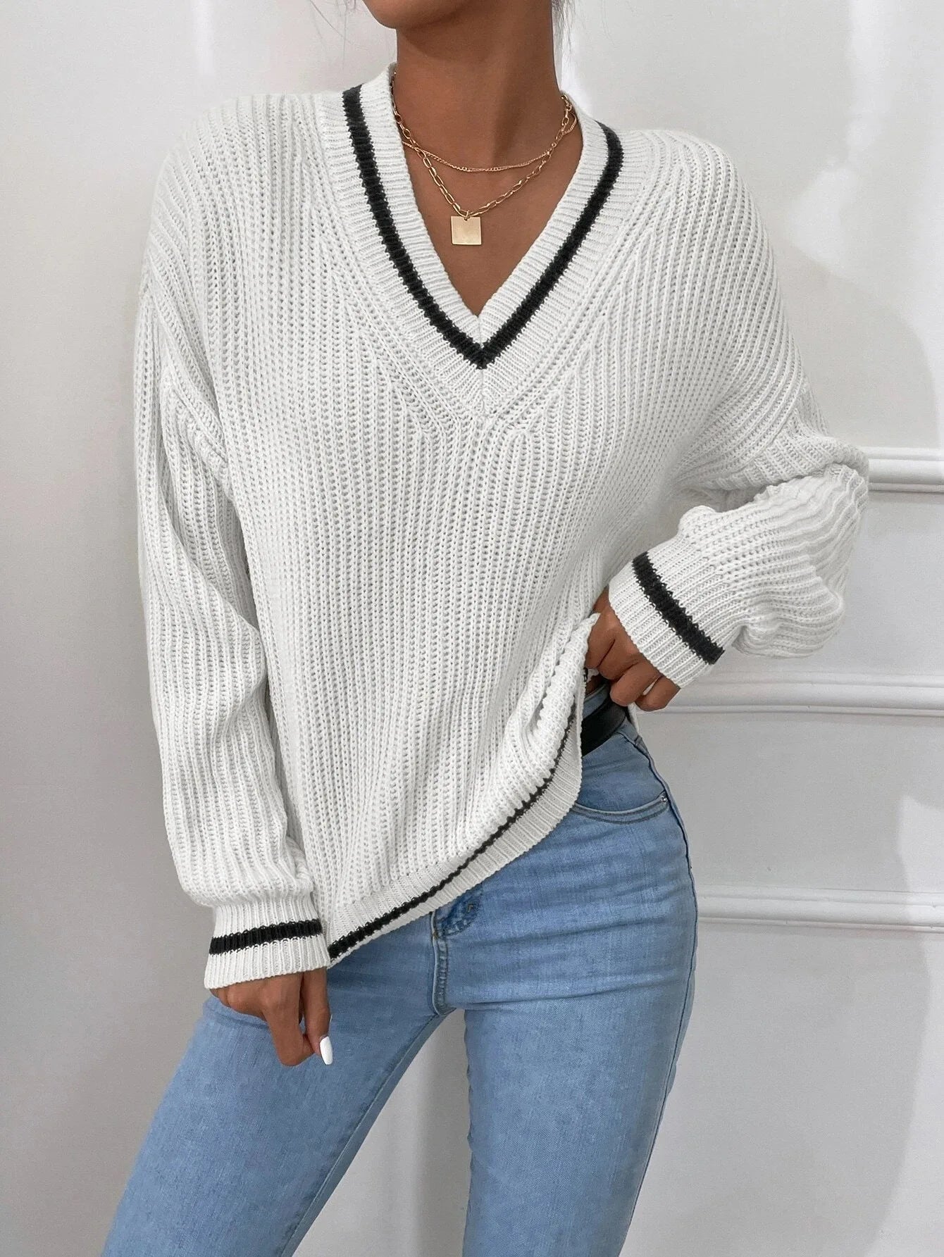 Marina | Sweter w paski z dzianiny waflowej