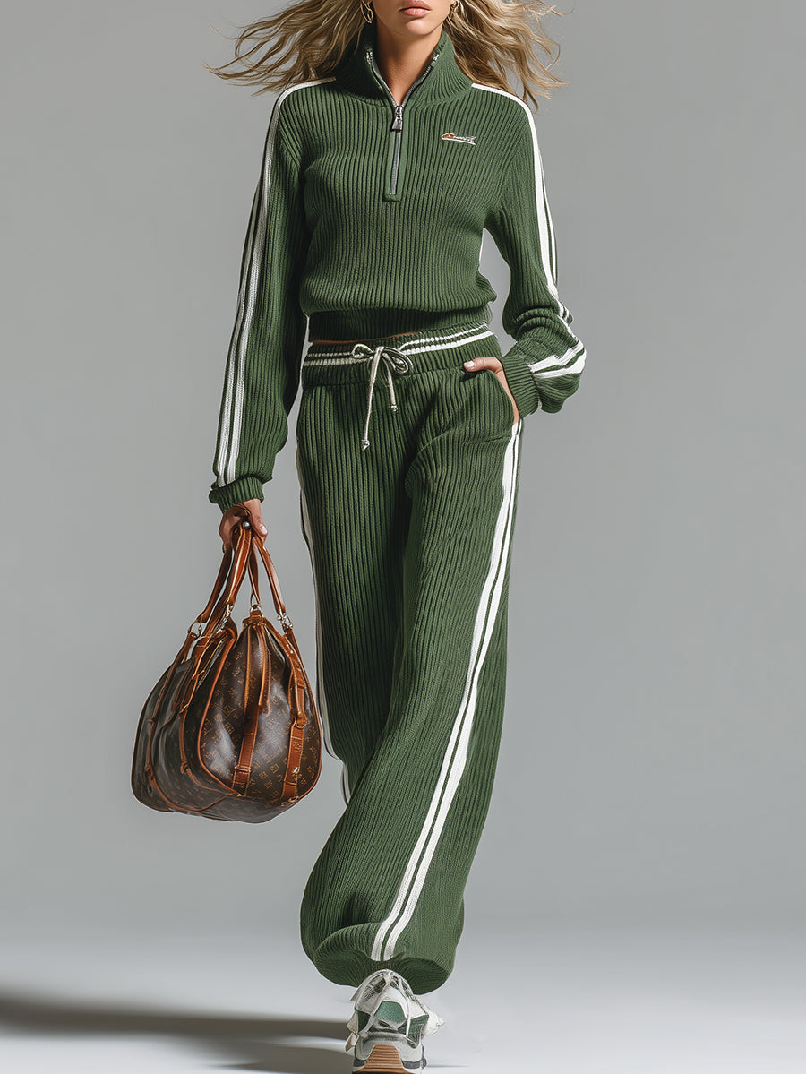 Bany™ | Retro Casual Zielony Sportowy Sweter z Pół-zamkiem i Spodnie